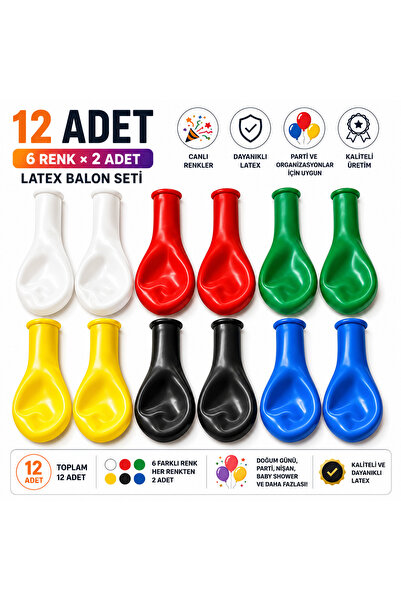 12 Adet Karışık Renk Balon Seti | 6 Farklı Renk (Her Renkten 2 Adet) | Parti & Doğum Günü Balonu