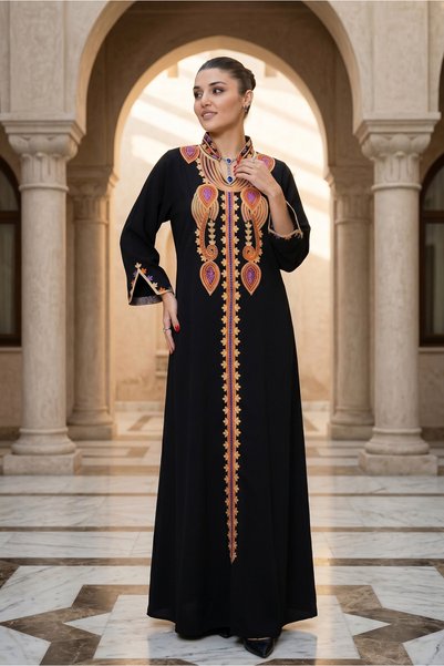 Star Fashion Rochie maxi tip Kaftan, viscoza, cu broderie si maneca trei sfer...