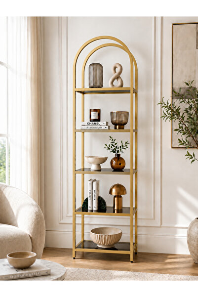 AVİBO HOME Estee 5 Raflı Gold Füme Cam Kitaplık Dekoratif Aksesuar Rafı Çiçek...
