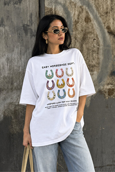Eazy Co Eazy Unisex Oversize T-Shirt 100% Cotton White Horseshoe Dept. Cowboy...