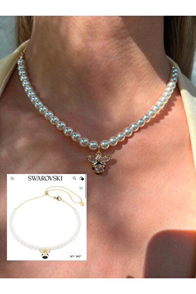 kems jewels İnci Detaylı Arı Model Zirkon Taşlı Çelik Kolye