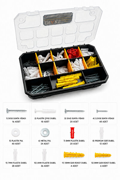 AKBELLİ GROUP 12 Bölmeli Vida Dübel Seti Organizer Kutulu 256 Parça Montaj ve...