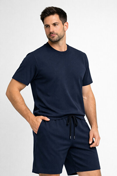 Umay moda 59 Men's Dark Navy Blue Shorts-T-Shirt Set-With Pockets