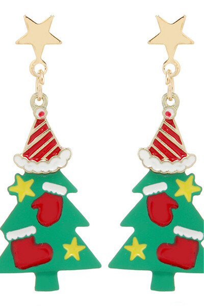 VeeShop Коледни обеци, коледни елхи, украсени с ръкавички, чорапи, шапки и зв...