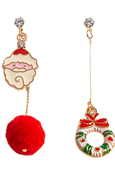 VeeShop Cercei de Craciun asimetrici, Mos Craciun cu pompom si coronita pe tija