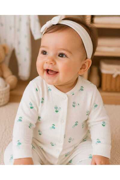 krm kerem bebe 100% Cotton Premium Ribbed Cotton Floral Patterned Baby Girl S...