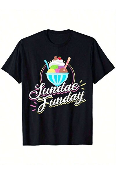 LİNA06 تي شيرت رجالي أسود بطبعة Sundae Funday، قطن ثقيل الوزن 180 جرام لكل مت...