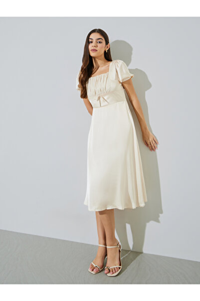 Styli Beige Square Neck A-Line Midi Dress