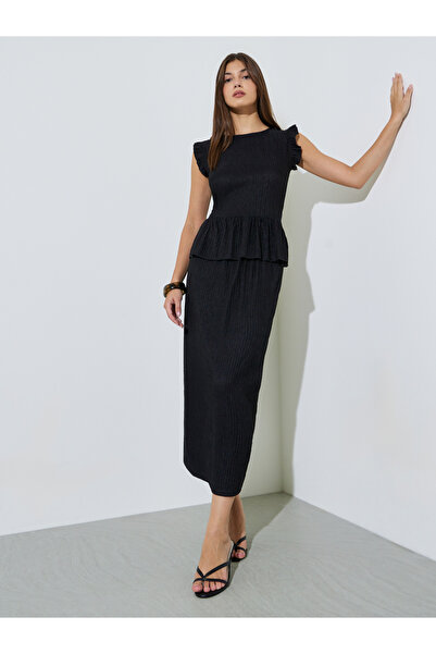 Styli Black Solid Peplum Top And A-Line Midi Skirts Set
