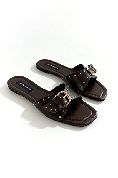 Shoebutik Palma Bitter Brown Leather Buckle Detail Women's Slippers