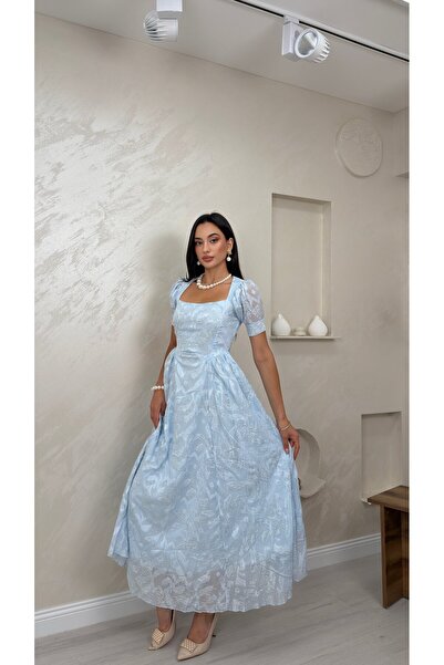 miraylawear LİA MAVİ RENKLİ KARE YAKA BALON KOLLU KADIN MİDİ ELBİSE