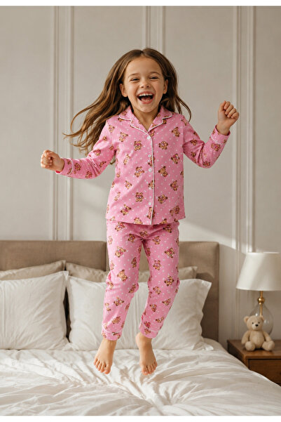 modaminikler Kız Çocuk Pembe Ayıcık Desenli Düğmeli %100 Pamuk 2'li Pijama Ta...