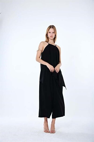 Dipmoda Women's Black Thin Strap Asymmetrical Cut Blouse and Trousers Two-Pie...