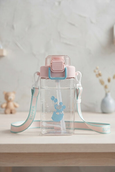 NESS HOME Kilit Kapaklı Askılı Pipetli Sızdırmaz Sevimli Çocuk Suluk 500 ml