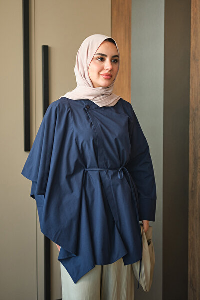 LOCCO Women's Asymmetrical Cape Detailed Poplin Shirt Navy Blue