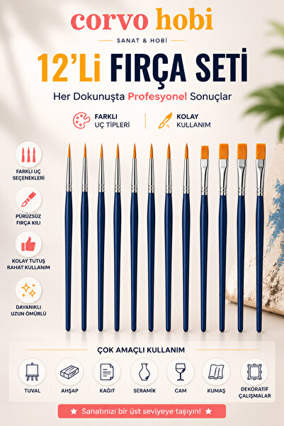 corvo hobi 12'li Fırça Seti Hobi Fırçaları Akrilik Boya Fırçası