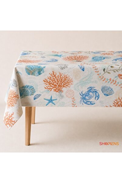 SHOPIENS Față de masă bej cu scoici și crabi 180x140cm, model textil marin de...
