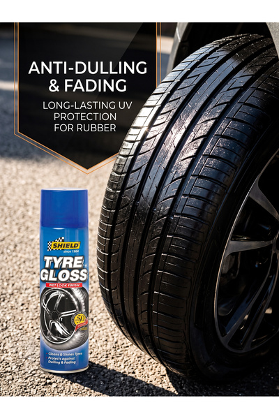 SHIELD Tyre Cleaner Gloss Aerosol, Deep Black Tyre Shine Spray with Long Lasting Wet Look Finish, UV Protection, Removes Road Grime for Cars, SUVs, Bikes and 4x4 Tyre Care, 400ml