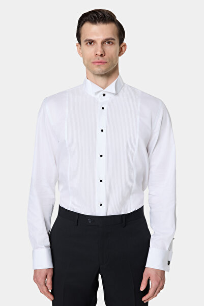 Damat Slim Fit Beyaz Jakar Desenli Nano Care Smokin Gömlek