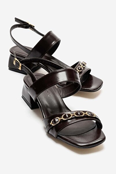 CCWAY AYAKKABI Women's Stone Buckle Heeled Sandals Brown Wrinkled