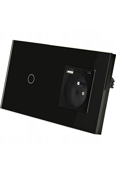 İNDUAL Întrerupător tactil din sticlă simplu + Priză USB A+C Negru