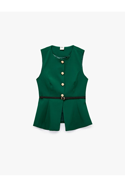 Koton Vestă peplum cu centură, cu nasturi, decolteu tip crew, croială slim fit