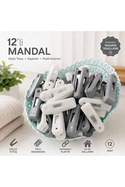 NOY Mandal 12'li Çamaşır Mandalı Plastik Güçlü Tutuşlu Yaylı Gri Beyaz Çamaşı...