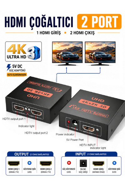 ANKTEK 2 Port 4K HDMI Splitter Switch Çoğaltıcı Ekran Monitör... Çoklayıcı, 2 Ekrana Aynı Anda Görüntü ve Ses Aktarır