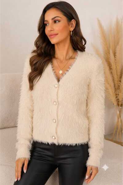 ZEYN STORE Kadın V Yaka Yumoş Dokulu Triko Hırka Gold Düğmeli Yumuşak Dokulu Uzun Kollu Şık Günlük Hırka