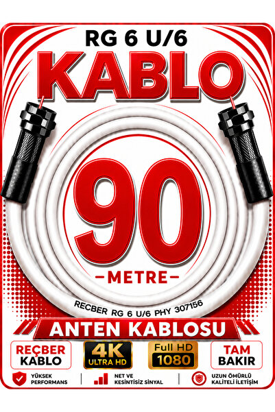 Avarson Reçber Anten Kablosu RG 6 U/6 307156 Tam Bakır Beyaz 90 METRE