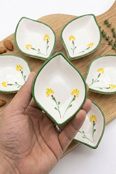 evcime El Yapımı El Boyaması Sarı Çiçek Desenli Damla Model 6'lı Seramik Sosl...
