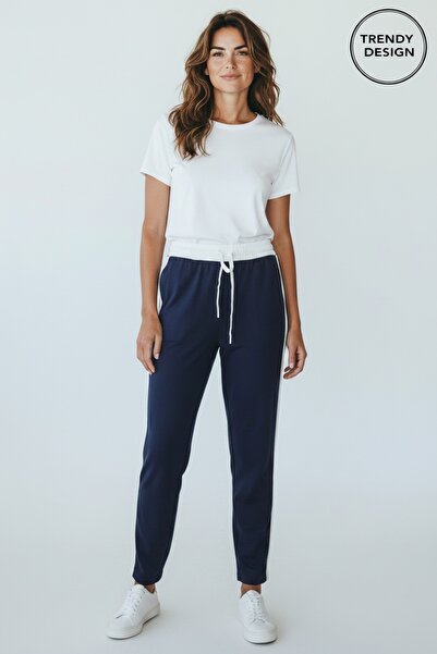 Trendy Design Pantaloni de Trening Damă Premium, Bleumarin cu Dungă Laterală ...