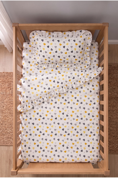 Miruza Ev Tekstili Vintage Ruffled and Heart-Shaped Baby Bedding Set |   100% Cotton Gingham Patterned |   100X150 cm Duvet Cover, 35X45 cm Pillowcase and Fitted Sheet