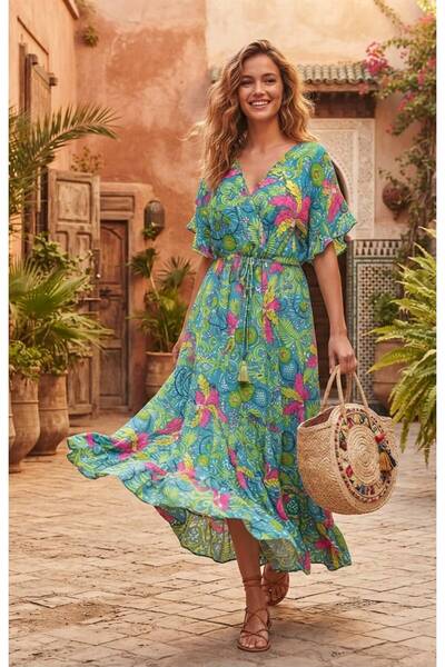 moda gk Boncuk/Nakış Detaylı Parlak Desenli Bohem Pamuk/İpek Elbise