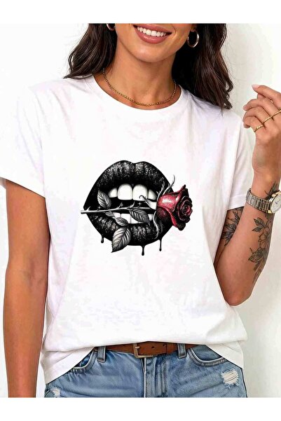 799 تي شيرت نسائي أبيض بأكمام قصيرة من Red Lip، قميص علوي مثير بتصميم جذاب