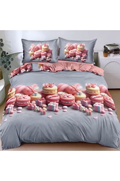 decorami Lenjerie pat dublu cu Elastic, bumbac satinat, Gri, Roz, macarons