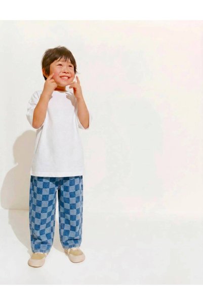 Generic Brand Unisex Kids' Checkered Denim Trousers - Elastic Waist Comfortable Fit Casual Cotton Pants