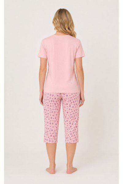 Pijamask Kadın Pembe Gül Baskılı Kısa Kollu Çiçek Desenli Kapri Pijama Takımı (P100-839)