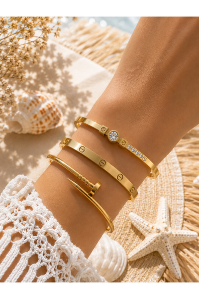 Adata Jewelry Çelik 3 lü Kadın Gold Renk Kelepçe Bileklik / Zirkon Taşlı