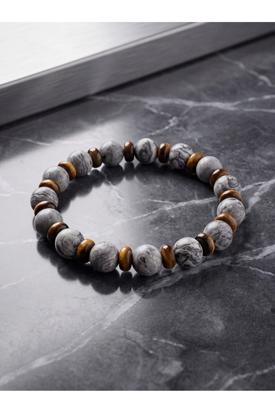 OSMANLI DEĞERLİ TAŞ Gray Jasper - Tiger's Eye Natural Stone Bracelet (10 mm)