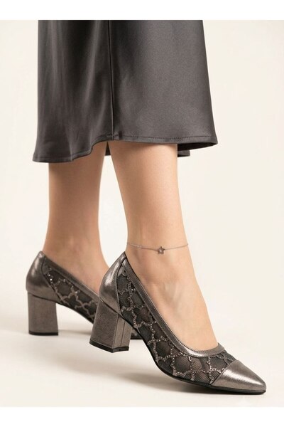 Gönbeler Women's Stylish Laser Cut Platinum Color Thick Heeled 6 cm Evening D...