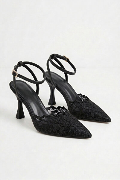 Papuckurdu Black Mesh Ankle Strap Pointed Toe Women's Heeled Evening Dress Shoes