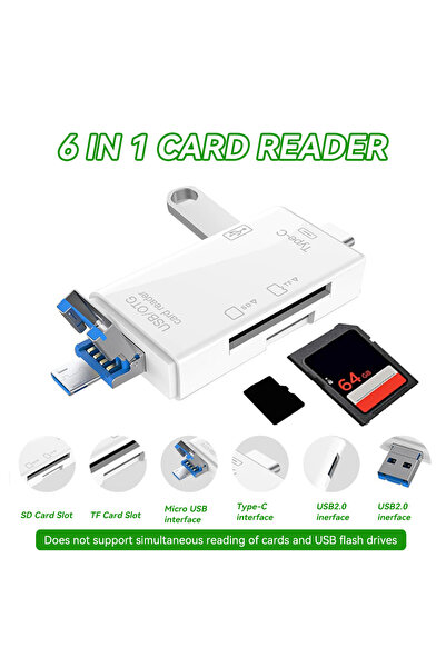 Choice قارئ بطاقات ذاكرة محمول 6 في 1 أبيض اللون، منفذ Type C وMicro USB، يدع...