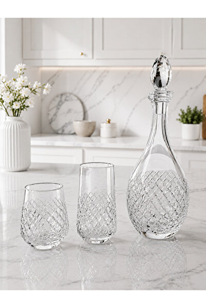 HOME SET 25 Parça Kristal Kesme Defne Cam Bardak Seti | 12 Su Bardağı + 12 Me...