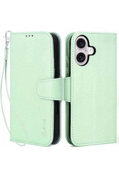 NO BRAND Husă Arae din piele tip portofel pentru iPhone 16, verde Litchi + curea