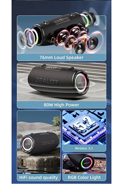 NO BRAND Boxă puternică Zealot S87 Putere 80W Bluetooth 5.2 16000mAh Negru bl...