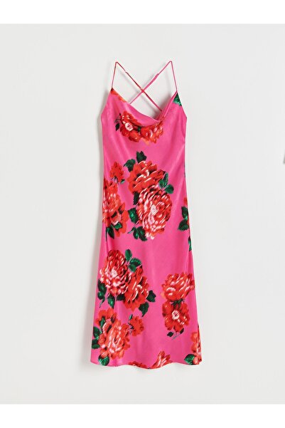 NO BRAND Rochie midi din satin roz cu imprimeu floral, cu decolteu adânc și b...