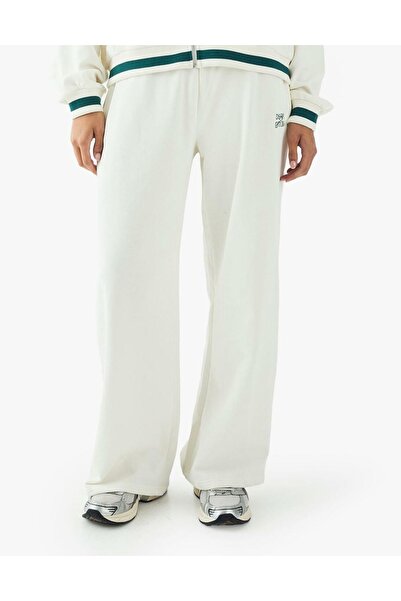 NO BRAND Pantaloni de trening cremoși, lungi, cu picior larg, brodați, din bu...