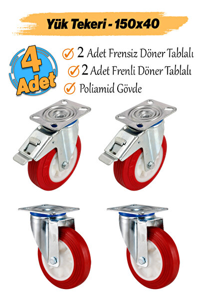 Badem10 4'lü Set Yük Taşıma Araç Teker 150x40 mm Poliamid Tablalı Dönerli Fre...