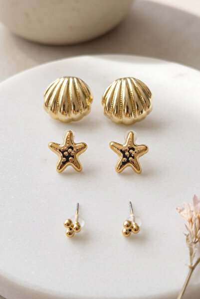 Elika Silver Starfish, Oyster, and Minimal Triple Earring Set